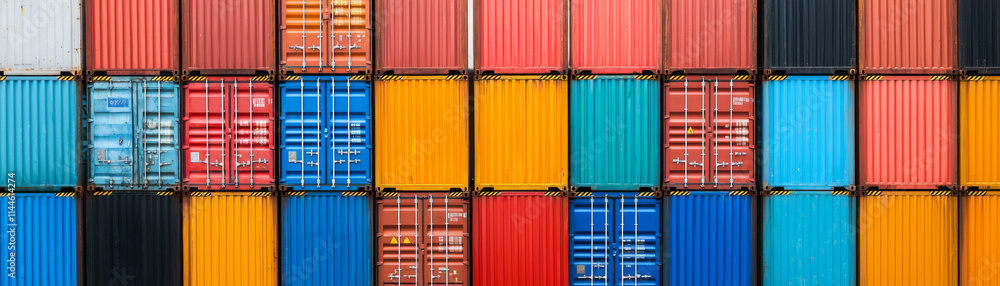 Colorful shipping containers stacked in neat arrangement, showcasing vibrant hues Colorful shipping containers stacked in neat arrangement, showcasing vibrant hues
