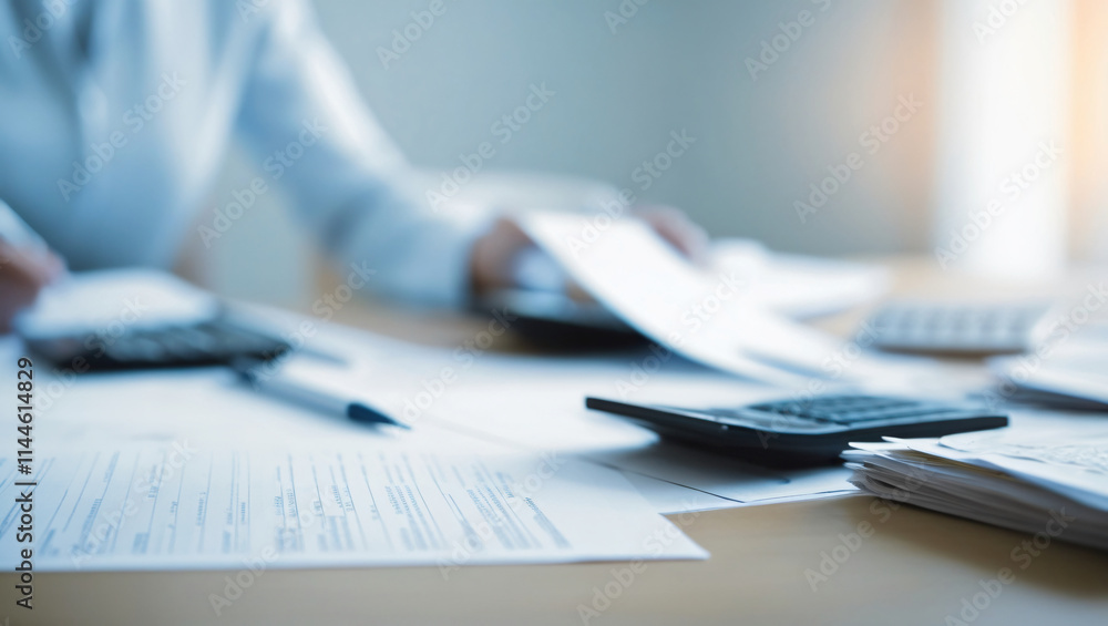 A person is focused on assessing financial papers with a calculator nearby, surrounded by various documents and office supplies in a bright workspace. Blurred background image. A person is focused on assessing financial papers with a calculator nearby, surrounded by various documents and office supplies in a bright workspace. Blurred background image.