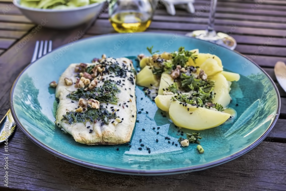 schollenfilet mit nüssen und kartoffeln
