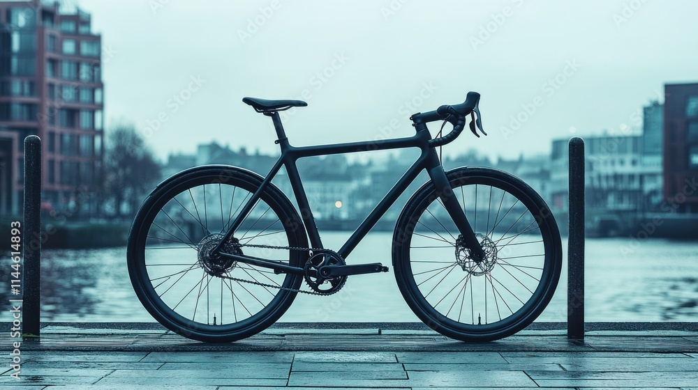 Fototapeta premium A sleek bicycle stands by a misty waterfront, emphasizing urban leisure and transport.