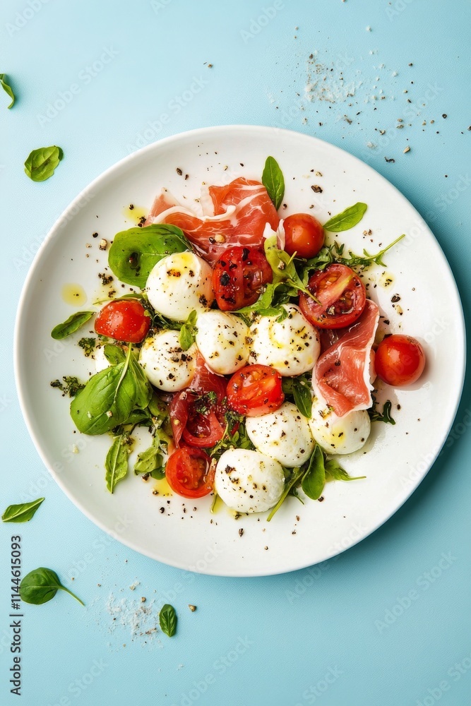 Fresh salad with mozzarella balls, sliced tomatoes, prosciutto, and basil on a white plate decorated with green Fresh salad with mozzarella balls, sliced tomatoes, prosciutto, and basil on a white plate decorated with green