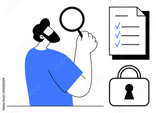 Individual holds magnifying glass, examining a document with checkmarks. Padlock nearby symbolizes security. Ideal for themes in quality control, security audits, privacy, data protection