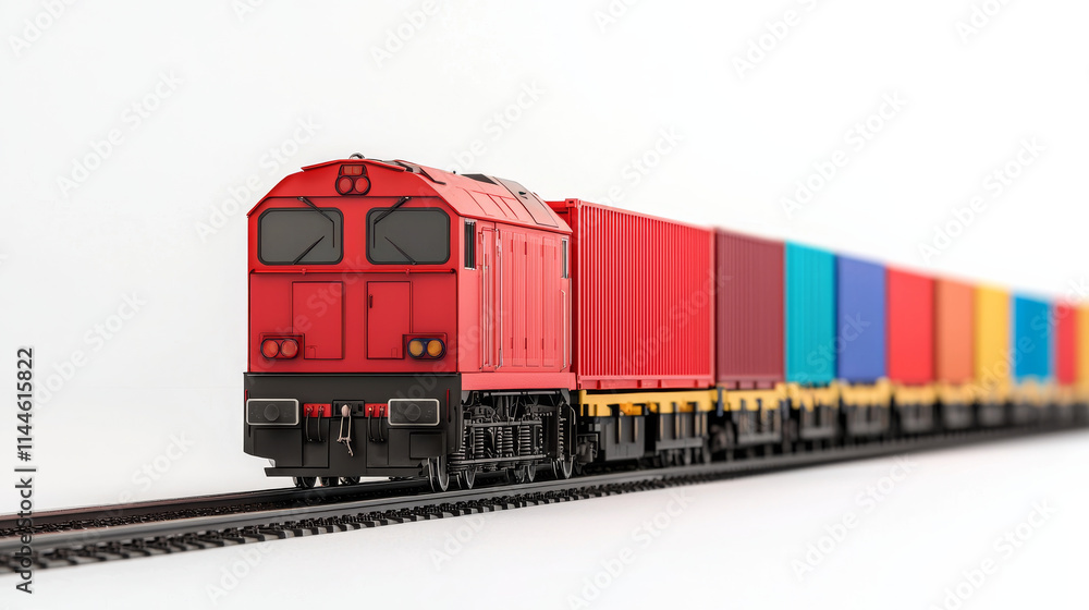 Red freight train with colorful containers on tracks, symbolizing transport Red freight train with colorful containers on tracks, symbolizing transport