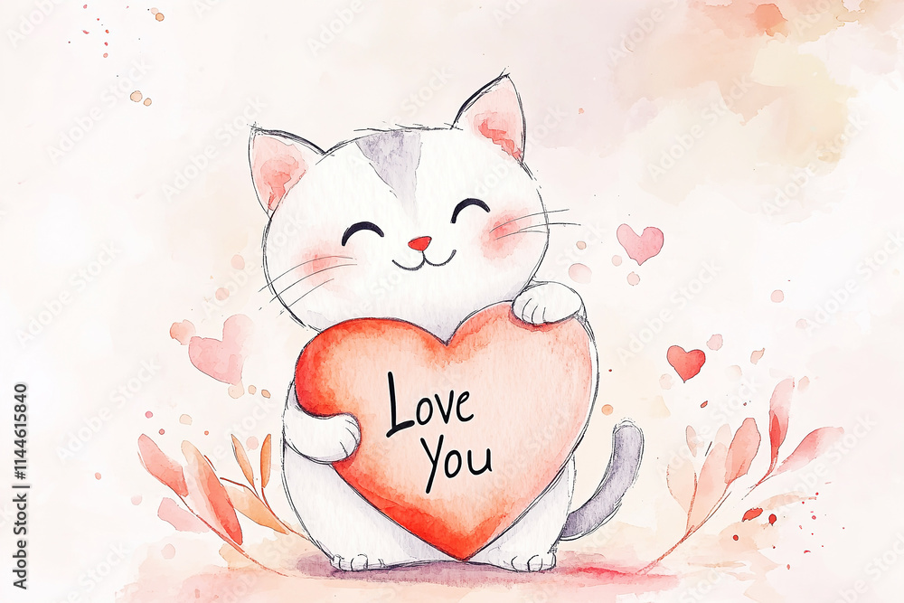 Cute cat illustration holding a heart with love you message for Valentine's Day or any affectionate occasion Cute cat illustration holding a heart with love you message for Valentine's Day or any affectionate occasion