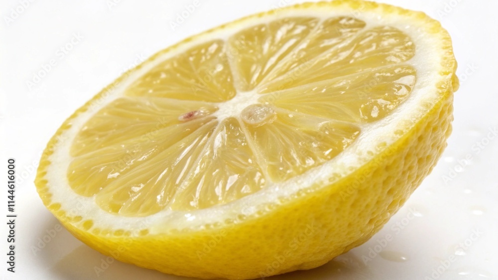 A detailed image of a freshly cut lemon slice with a glistening surface, captured in soft natural light A detailed image of a freshly cut lemon slice with a glistening surface, captured in soft natural light