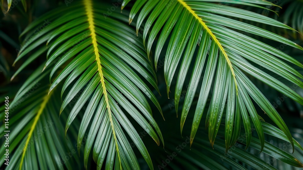 Fototapeta premium Close up of a lush tropical palm leaf showcasing intricate textures, exotic, green, organic