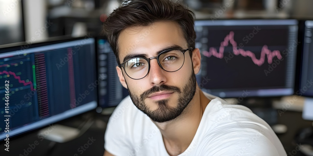 Fototapeta premium A young man with a beard and glasses sits in front of multiple computer monitors displaying financial graphs and data. Concept Financial Analysis, Tech-Savvy Professional, Data Visualization
