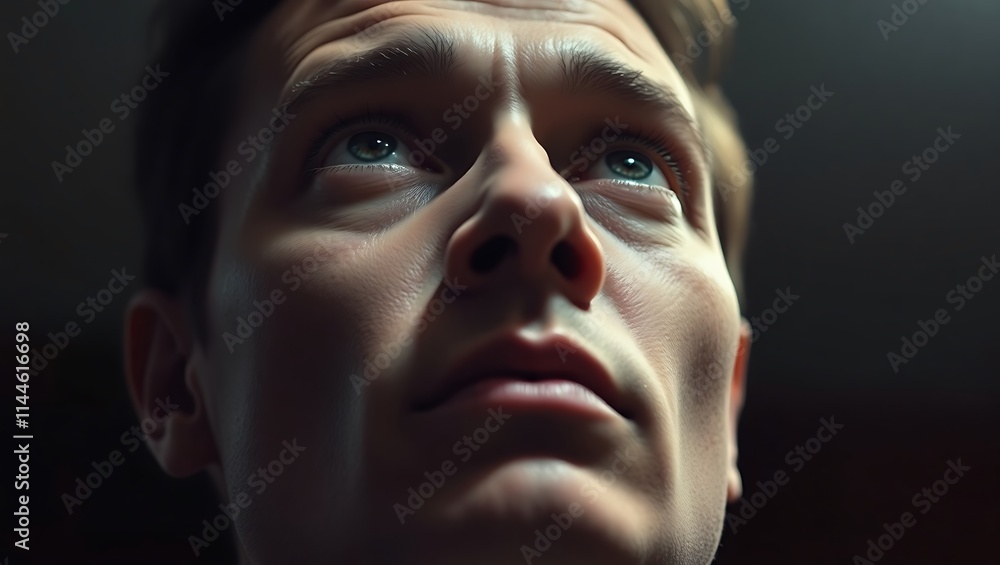 Close-up of a person's face looking up, illuminated dramatically. Close-up of a person's face looking up, illuminated dramatically.