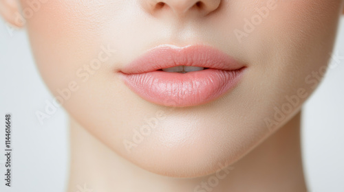 Close-up of a woman's lips showcasing soft, natural beauty with subtle pink tones and smooth skin in a gentle lighting setup