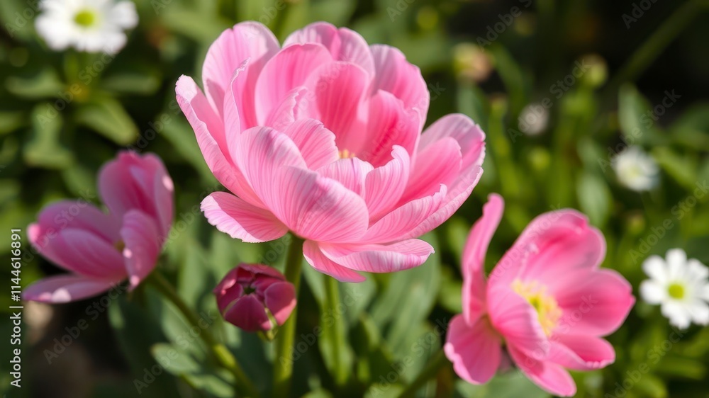 Close-up of delicate pink and white ranunculus flowers blooming in a garden, blooming, spring Close-up of delicate pink and white ranunculus flowers blooming in a garden, blooming, spring