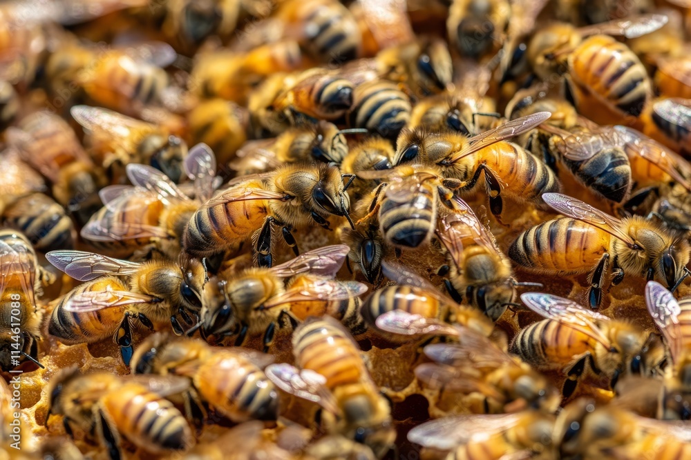 European honey bees working on honeycomb inside beehive, creating honey and beeswax European honey bees working on honeycomb inside beehive, creating honey and beeswax
