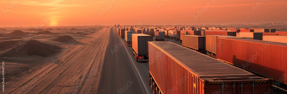 Obraz premium Transport trucks lined up on desert road at sunset, creating stunning view