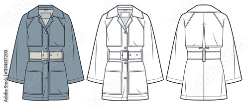 Trench Coat technical fashion Illustration. Raglan Sleeve Coat fashion flat technical drawing template, buttons, pockets, belt, front and back view, white, blue grey, women, men, unisex CAD mockup set