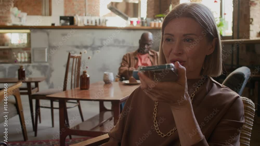 Tilt up of Caucasian modern woman sitting comfortable at cozy cafe table with cappuccino and dessert, recording and sending audio message via smartphone
