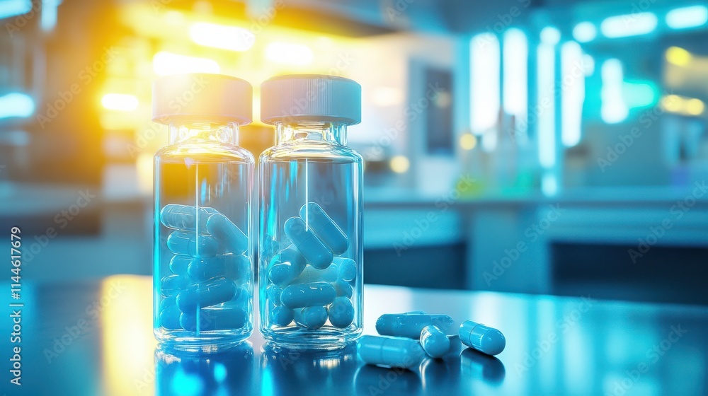 Two Clear Glass Vials Filled with Capsules on a Dark Surface in a Laboratory Environment with Bright Blue and Yellow Lighting Effects Two Clear Glass Vials Filled with Capsules on a Dark Surface in a Laboratory Environment with Bright Blue and Yellow Lighting Effects