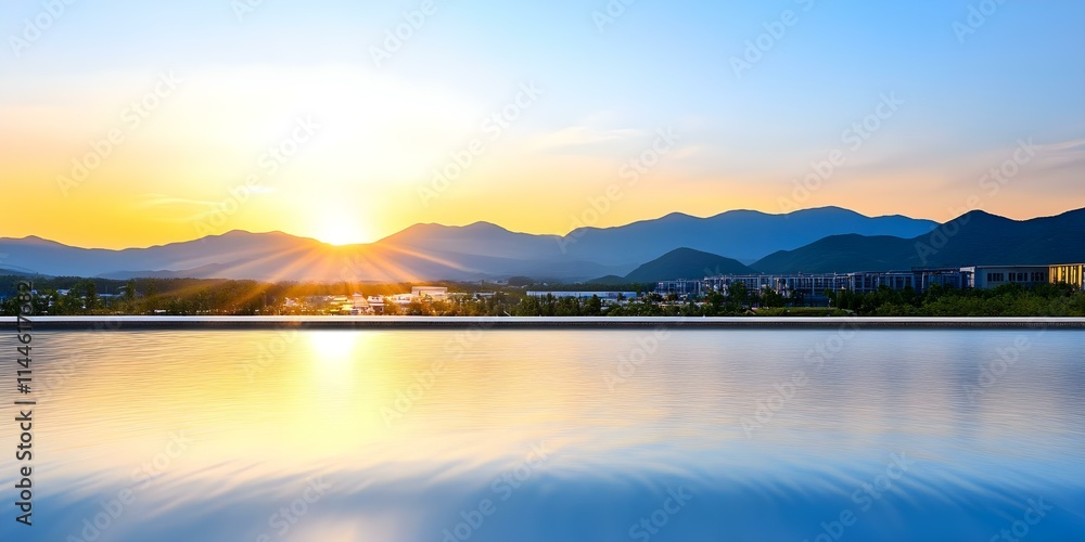 A serene landscape featuring a calm lake reflecting a vibrant sunrise over distant mountains and a clear blue sky. Concept Serene Lake View, Vibrant Sunrise Colors, Distant Mountains, Clear Blue Sky A serene landscape featuring a calm lake reflecting a vibrant sunrise over distant mountains and a clear blue sky. Concept Serene Lake View, Vibrant Sunrise Colors, Distant Mountains, Clear Blue Sky
