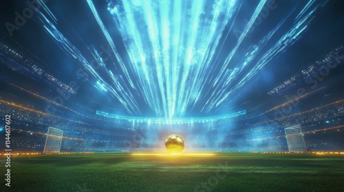 Brightly lit soccer stadium with dynamic lighting effects and a golden ball p...