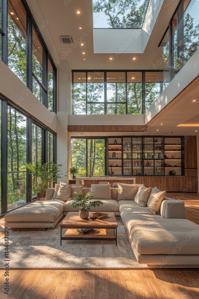 Modern open-plan living room with large windows showcasing natural surroundings Modern open-plan living room with large windows showcasing natural surroundings