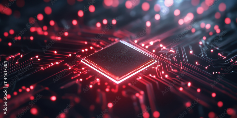 Obraz premium A glowing microchip surrounded by vibrant red lights and intricate circuitry, representing advanced technology and digital innovation.