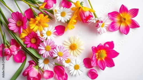 Colorful spring flowers such as tulips, daisies, and daffodils beautifully arranged on a white paper background, springtime, vibrant, elegant