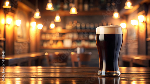 Photorealistic pint of stout beer, warm colors, traditional Irish pub atmosphere* photo