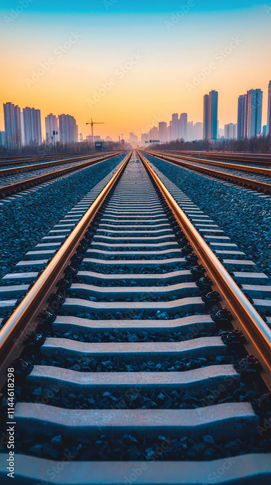 Fototapeta premium Railway tracks leading in vibrant sunset with city skyline