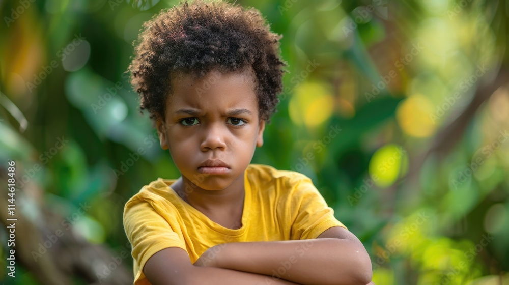 Bored Child. African American Boy Expressing Anger and Boredom in the Park Bored Child. African American Boy Expressing Anger and Boredom in the Park