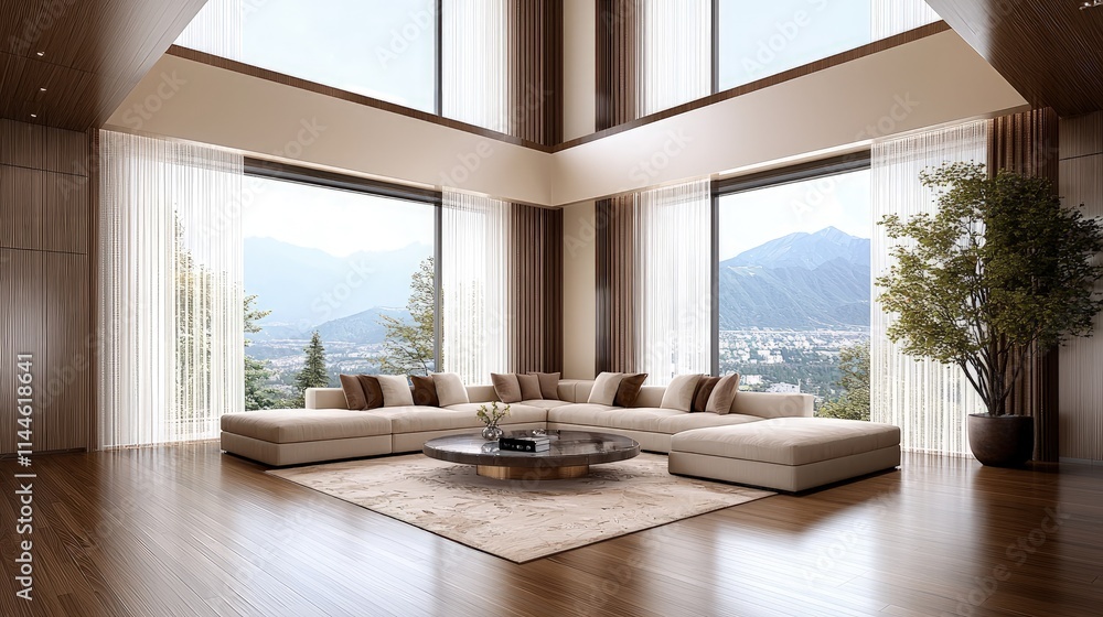 Fototapeta premium Luxurious modern living room with mountain view.