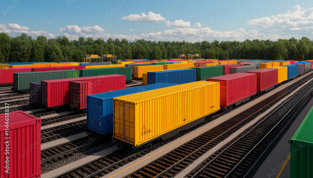 Fototapeta premium Colorful shipping containers stacked at freight yard under blue sky