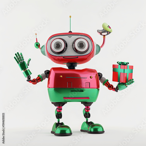 cheerful robot character in festive colors, holding gift and waving. This playful design embodies spirit of celebration and joy, perfect for holiday themes photo