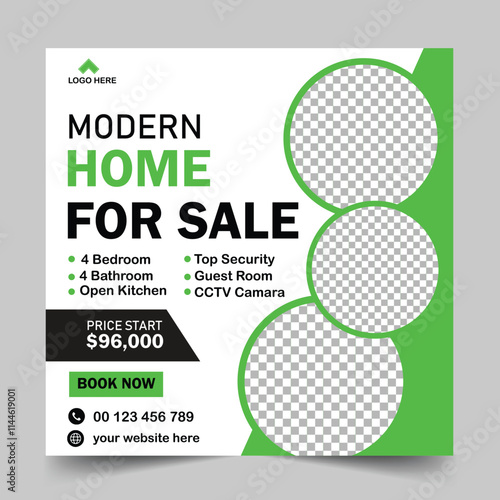 Real estate business marketing social media post or modern home sale web banner template. Luxury house or property rent online advertising flyer. Square poster.