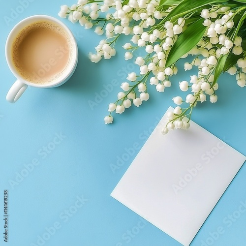 Elegant flat lay of a cup of coffee, blank notepad, and fresh flowers on a bl...