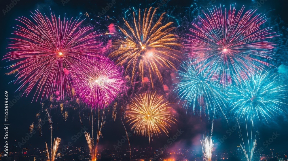 Naklejka premium Stunning Fireworks Display Over City at Night