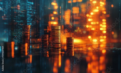 Stack of shiny coins reflecting city lights during nighttime, showcasing weal...
