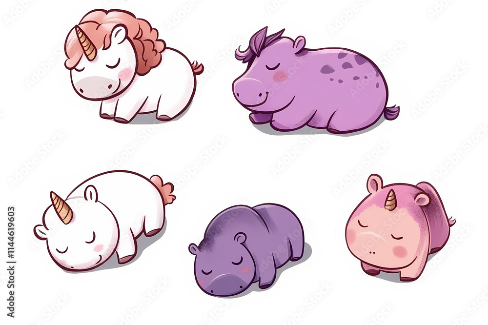 Cute Unicorns and Hippos Cartoon Illustrations Cute Unicorns and Hippos Cartoon Illustrations