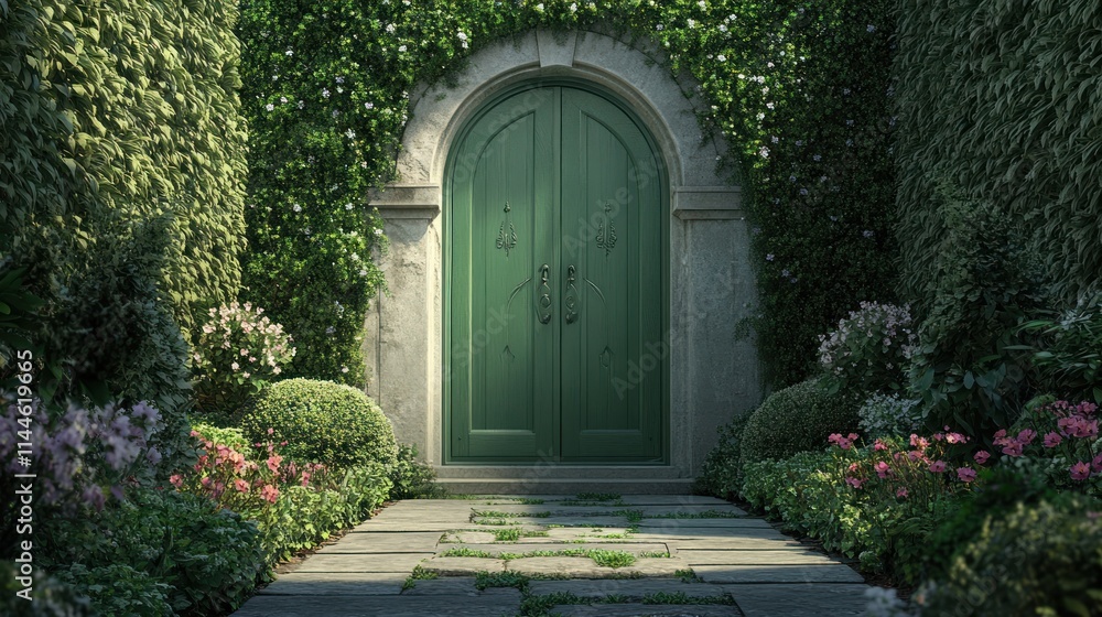 Fototapeta premium Secluded green door in a lush garden.
