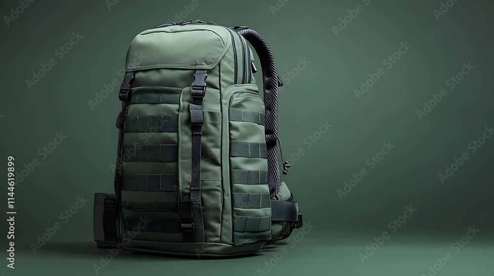 A green backpack with a black strap sits on a green background A green backpack with a black strap sits on a green background