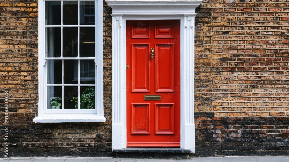 Bright red door welcomes visitors to a charming brick home with white windows, showcasing classic architecture