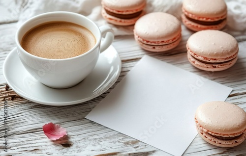 Coffee cup rests next to macaroons and scattered coffee beans on a cozy knit ...