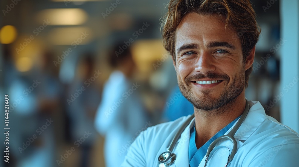 A smiling male doctor in a medical setting, conveying a sense of care and professionalism. A smiling male doctor in a medical setting, conveying a sense of care and professionalism.