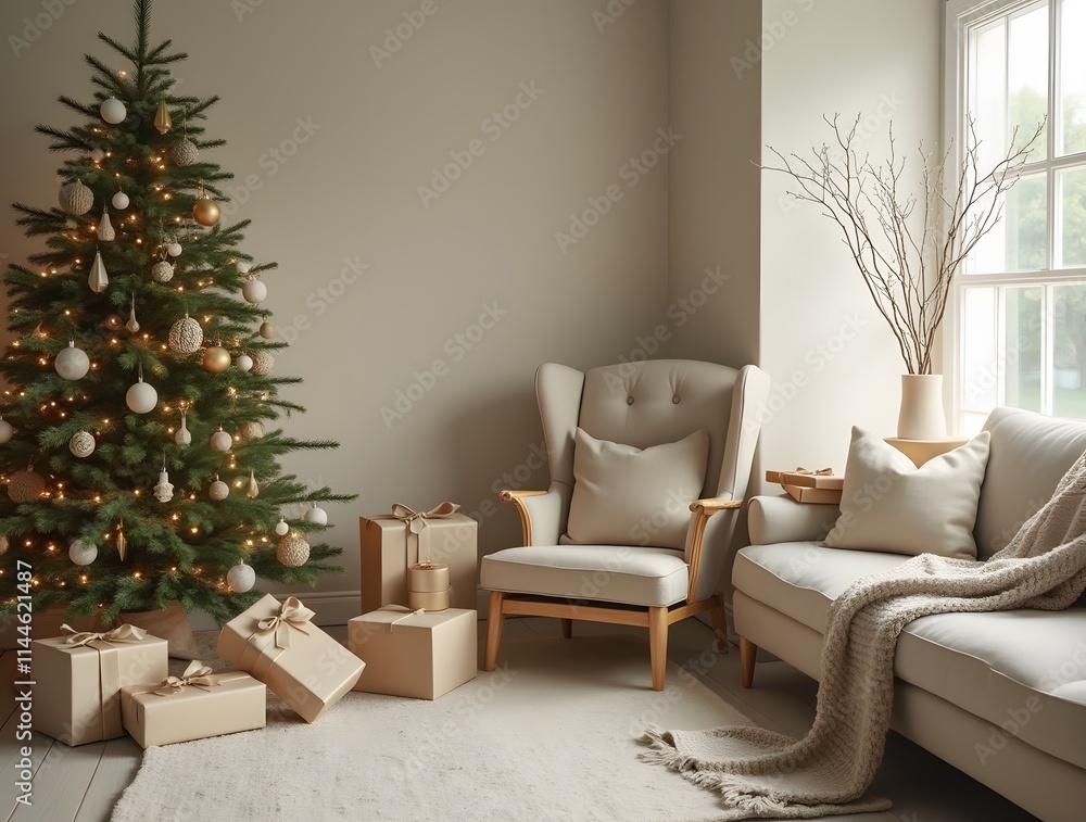 Fototapeta premium Minimal interior architecture photography cozy Christmas tree season decorated simple