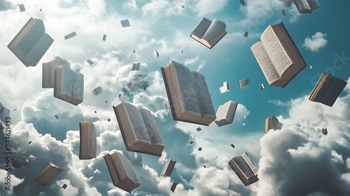 Floating books in cloudy sky photo. AI Generated photo