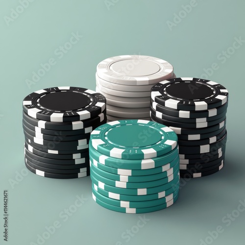 Stacks of colorful poker chips arranged neatly on a clean surface for a game night or casino themed event in a photo