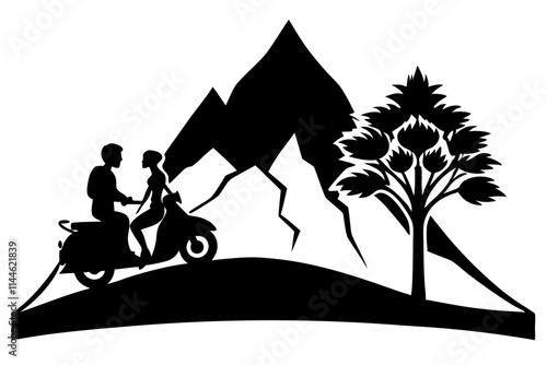 Couple riding scooter silhouette.