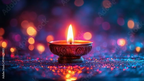 Vibrant diya illuminates dark space with a warm glow, enhancing the festive a...