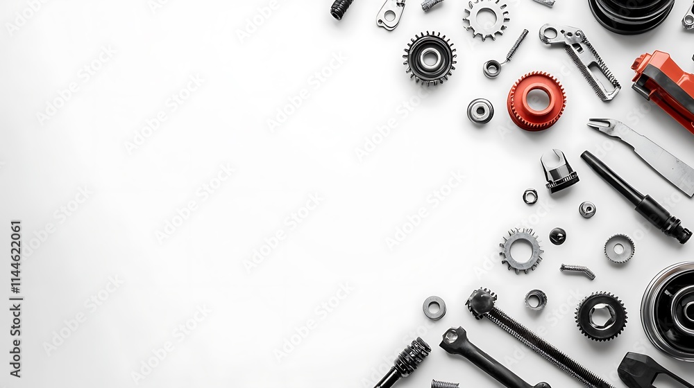 Fototapeta premium Varied mechanical parts mockup closeup photo on clean backdrop.. AI Generated