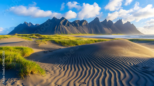 Sand dunes at Stokksnes along Iceland�s southeastern coast, with the Vestrahorn mountain in the backdrop.
