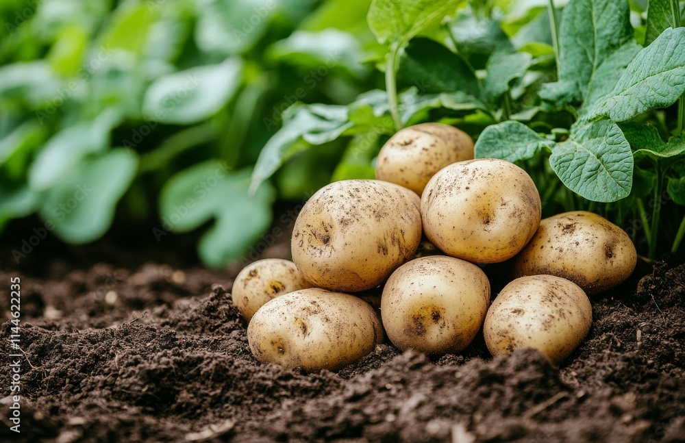 Freshly harvested potatoes nestled in rich soil among vibrant green spinach leaves in a sunny garden setting Freshly harvested potatoes nestled in rich soil among vibrant green spinach leaves in a sunny garden setting