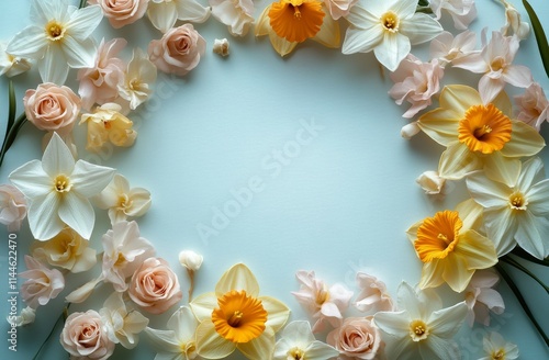 Fresh spring flowers arranged in a circular pattern on a white background per...