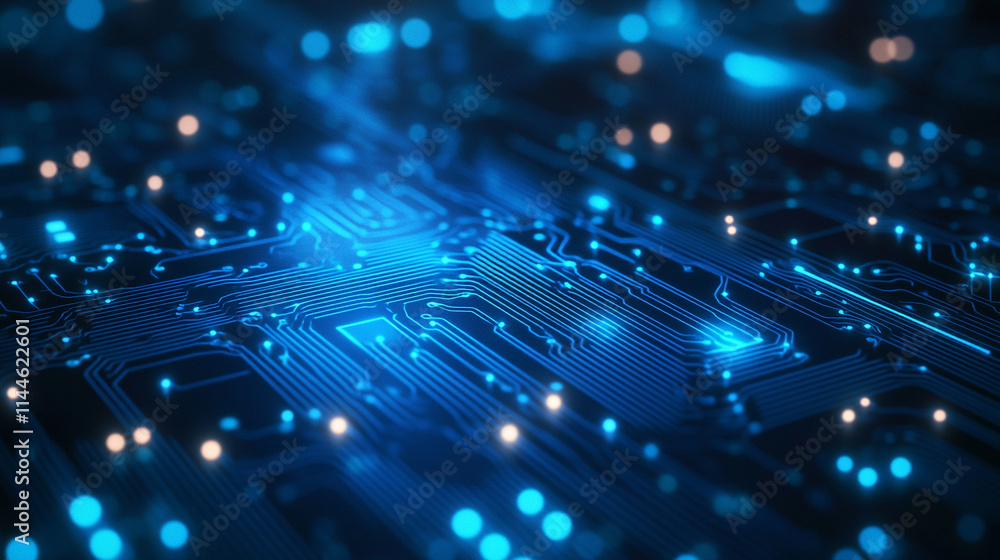 Obraz premium Abstract blue circuit board technology background. technology background. Advanced Technology Concept, Microchip cpu processor circuit board ,Digital line generative ai.